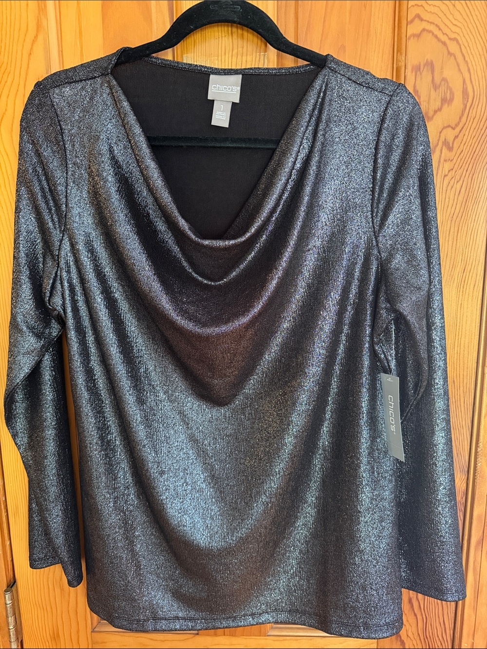 Chico's Metallic Siver/Black Cowl-Neck Long Sleeve Top. Size 1